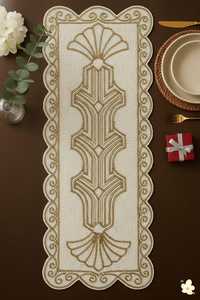 Embroidered Cotton <b>Table</b> <b>Runner</b> Geometric Pattern Classic Style Home Decor Beige <b>Gold</b> - Product Image 3