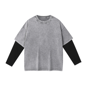 Camiseta de cuello redondo gris con efecto acid wash para hombre, camiseta oversize de manga larga negra con capas, estilo streetwear, para precios de mayoreo, camisetas para hombre - Product Image 1