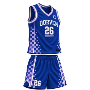 Ensemble d'uniformes de basket-ball personnalisés pour hommes, bleu et violet, col en V, maillot sans manches, short, imprimé damier, nom et numéro de l'équipe, kit en gros - Product Image 1