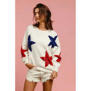 Suéter BiBi para mujer, color marfil, con lentejuelas y parches de estrellas, 302g, talla S - Product Image 2