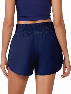 Shorts Deportivos de Cintura Alta Elástica para Mujer, con Bolsillos, de Secado Rápido, Tejido de Poliéster/Algodón, Color Azul Marino Sólido, para Fitness y Entrenamiento - Product Image 4