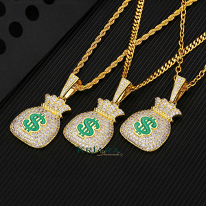 Moissanite <b>Money</b> Bag Pendant With Green Dollar Sign Rhinestone Charms Hiphop Style Unisex Jewelry - Product Image 1