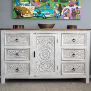 Carved Solid Wood Farmhouse Dining <b>Sideboard</b> Cabinet 6 Drawer <b>Storage</b> Console Freestanding Entryway Living Room Buffet 4 ft - Product Image 4