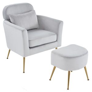 Fauteuil de loisirs d'intérieur en flanelle gris clair semi-démontable avec pieds et repose-pieds dorés pour salon - Product Image 1