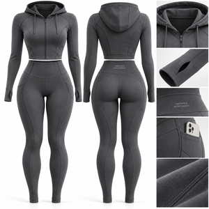 Womens Gray Zip Up Hoodie Yoga Set Long Sleeve Crop Top High Waist <b>Leggings</b> Gym Fitness Workout Activewear Two Piece Set - Product Image 6