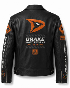 Blouson de moto en cuir noir pour homme Drake Motorworks, style moto, fermeture éclair sur le devant, coupe régulière, coupe-vent, pour l'automne - Product Image 2