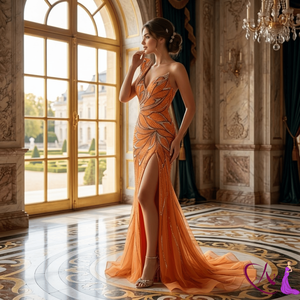 Vestido de sirena de lujo naranja con un solo hombro y bordados |   Vestido de noche con abertura alta, largo hasta el suelo, de diseñador, para mujer, para gala. - Product Image 3
