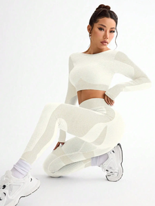 Women 2 Piece Yoga Set White Solid Scoop Neck <b>Crop</b> <b>Top</b> High Waist Full Length Leggings Breathable Spandex Polyester Seamless - Product Image 2