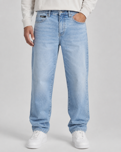 Jean en denim bleu clair coupe droite pour homme FANKES, taille mi-haute, coupe régulière, délavé, style décontracté, en coton, idéal pour le printemps - Product Image 1