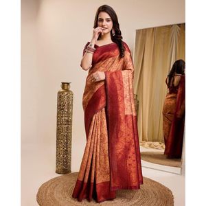 Dernier modèle de sari en soie Kanjivaram, modal, viscose, jacquard, avec blouse non cousue, couleur pêche, Dhoti - Product Image 1