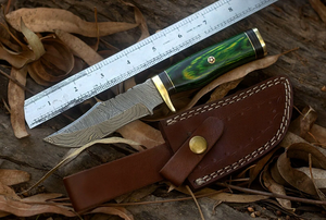 Cuchillo de Caza de Acero de Damasco Personalizado OEM, Cuchillo de Supervivencia de Hoja Fija para Bushcraft con Mango de Madera Verde y Funda de Cuero, Venta al por Mayor - Product Image 6