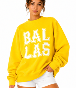 Bright Yellow Mock Neck <b>Sweatshirt</b> with Stacked <b>White</b> Outlined Front Lettering Relaxed Fit Long Sleeve Private Label Apparel - Product Image 4