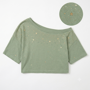 Chemisier court vert sauge à imprimé étoiles pailletées, coupe décontractée, 90 % coton, 10 % élasthanne, pour femme - Product Image 5