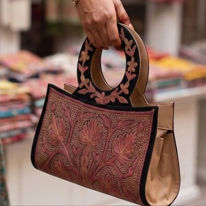 Kashmiri Sozni Embroidery <b>Clutch</b> <b>Bag</b> <b>Black</b> <b>Suede</b> with Crimson & Gold Tilla Work Ring Handle - Product Image 1