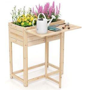 Fioriera Rialzata in Legno Massello di Abete con Tavolino Laterale Pieghevole, Contenitore per Piante Fai-da-te Verniciabile per Erbe Aromatiche, Arredo da Giardino - Product Image 1