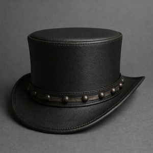 Handcrafted Black Leather Top <b>Hat</b> Steampunk with Studded <b>Band</b> Bold Western Gothic - Product Image 5