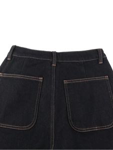 Pantalon en jean taille haute à jambe large, délavage foncé, coupe ample, longueur intégrale, en coton, style décontracté, fermeture boutonnée avec ceinture décorative - Product Image 3