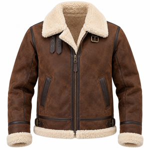 Chaqueta de Aviador de Cuero Marrón Vintage para Hombre, Cuello de Borrego, Forro de Sherpa Impermeable, Relleno de Poliéster, Sin Costuras, Cálida - Product Image 1