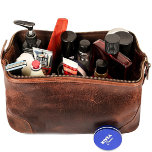 Vintage Men's Handmade Genuine <b>Leather</b> <b>Toiletry</b> <b>Bag</b> Fashionable Travel Dopp Kit Shaving Organizer with Zipper Pockets - Product Image 2