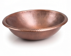 Évier ovale en cuivre martelé avec finition rustique et trou de vidange, idéal pour la salle de bain et le comptoir de cuisine - Product Image 2
