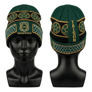 Women Soccer Beanie Premium Acrylic Knit 300GSM Soft Warm Stretch Fit Grey Teal Stripe Design Embroidered Custom Logo <b>Winter</b> <b>Cap</b> - Product Image 3