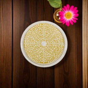 Handmade <b>Yellow</b> Bone Inlay Round Serving Tray Decorative <b>Coffee</b> <b>Table</b> Ottoman Tea Breakfast Serving Tray Floral Wooden Vanity - Product Image 4