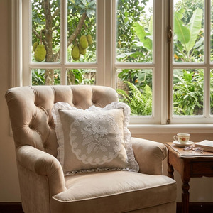 Custom Wholesale Applique Embroidery White Flower Vintage Square <b>Back</b> <b>Cushion</b> Cover 100% Linen Washable Hotel Home - Product Image 1