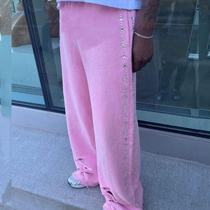 Pantalon de jogging pour homme en coton 100% personnalisé avec logo imprimé et strass, coupe large et droite - Product Image 5