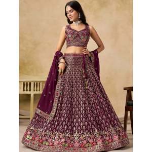 <b>Wedding</b> Wear Maroon Zari Embroidered Georgette Lehenga Choli - Product Image 6