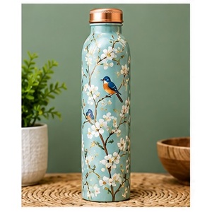 Aqua Blue Botanical <b>Bird</b> Design Copper <b>Water</b> Bottle Portable Travel Drinkware with Copper Lid - Product Image 1