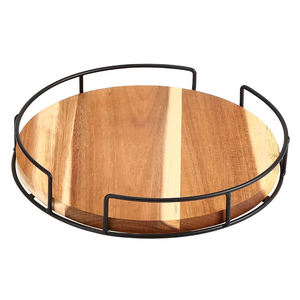 Rustic <b>Round</b> Wooden Serving Tray with Metal <b>Frame</b> Decorative Coffee Table Organizer Tray for Home and Hotel - Product Image 1