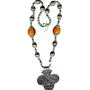 Handcrafted Boho Cross <b>Necklace</b>, Tribal Cross <b>Necklace</b> with Silver Tone Pendant with Green and Amber Beads, <b>Statement</b> Jewelry - Product Image 4