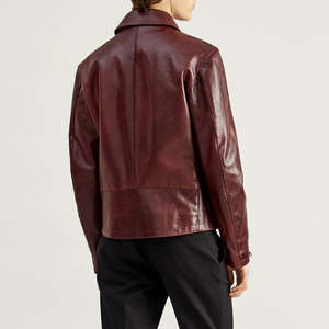 Chaqueta de Motociclista de Cuero Genuino Color Borgoña para Hombre, Cuello Camisero, Cierre de Cremallera, Corte Ajustado, Manga Regular, Color Sólido, Acabado Invernal - Product Image 3