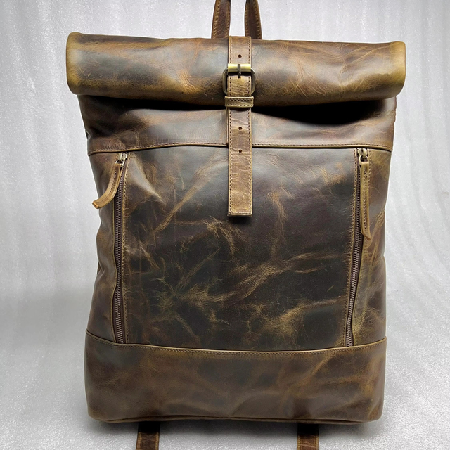 Handcrafted Genuine Leather Roll Top Backpack Vintage Cotton Travel Rucksack Unisex Office Bag Waterproof Laptop Pack LTBP-0054