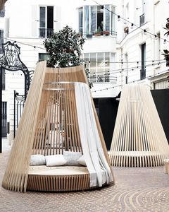 Chaise longue en teck semi-fermée, lit de jour en bois, mobilier de salon de jardin pour hôtel ou resort - Product Image 5