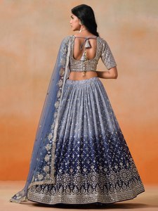 Blue Organza Embroidered <b>Lehenga</b> With Crop Top And Dupatta For Bridesmaid - Product Image 3