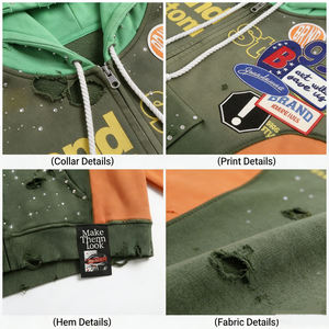 Sudadera con capucha de algodón orgánico grueso para hombre, con cremallera, diseño de bloques de color, corte cropped y holgado, bordado personalizado y pedrería. - Product Image 4