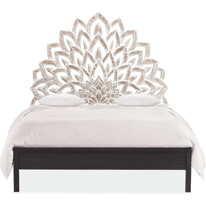 Tête de lit sculptée en bois Smart Art, taille Queen, motif demi-lune et fleur de lotus lavée, en bois d'ingénierie, mobilier de chambre à coucher - Product Image 1