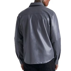 Classic Style Genuine Leather <b>Button</b> <b>Up</b> Casual Men’s Shirts <b>Short</b> <b>Sleeve</b> Breathable PU Leather Modern Loose Fit Solid Pattern - Product Image 2