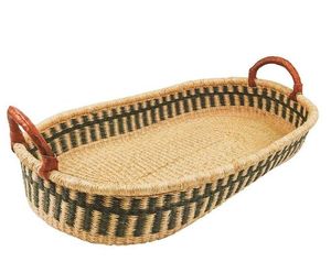 Natural fiber black and white vertical pattern flat seagrass changing <b>basket</b> plus rattan changing kid <b>tray</b> with brown handles - Product Image 2