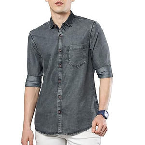 Camisa vaquera vintage gris con lavado ácido, elástica, con bolsillo en el pecho, corte ajustado, manga larga, abotonada, estilo abierto, transpirable - Product Image 6