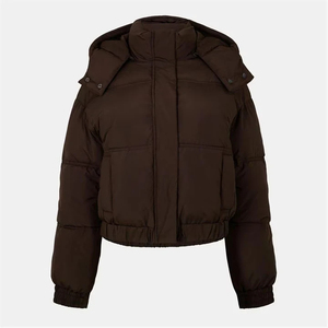 Veste matelassée marron à capuche pour femme, manteau d'hiver épais à fermeture éclair, vêtement d'extérieur court décontracté, coupe-vent et chaud - Product Image 1