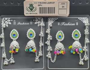Boucles d'oreilles Jhumka ovales en argent plaqué indien avec plumes de paon, perles colorées et chaîne Ghungroo Kaan, ensemble de bijoux en gros - Product Image 3