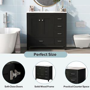 Mobile Bagno Nero da 36 Pollici con Ampio Spazio di Archiviazione, 2 Ante con Chiusura Ammortizzata e 5 Cassetti, con Lavabo in Ceramica Integrato - Product Image 5