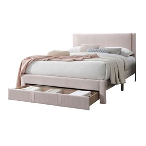 Letto matrimoniale moderno con contenitore, rivestito in velluto a coste rosa chiaro, con struttura a piattaforma e design salvaspazio - Product Image 5
