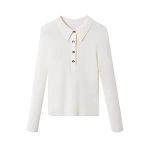 Polo de Manga Larga de Punto, Color Sólido, Corte Regular Informal, Diseño con Cuello Blanco - Product Image 1