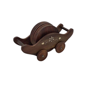 Handmade Mango Wood <b>Coaster</b> <b>Set</b> Of 6 With Antique Buggi Style Holder Eco-Friendly Wooden Drink <b>Coasters</b> For Coffee Tea Cups - Product Image 1
