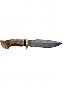 Cuchillo de caza hecho a mano de acero de Damasco con hoja de punta clip, guardacuchillo de latón y mango de madera estabilizada - Product Image 5