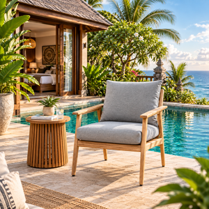 Contemporary Teak <b>Garden</b> Chair With Gray <b>Cushion</b> <b>Outdoor</b> Furniture Tapered Leg Design Comfortable Seating For Poolside Use - Product Image 1