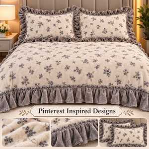 Luxury Winter Bedsheet Set <b>King</b> <b>Size</b> with 2 <b>Pillow</b> Covers Soft Plush Fleece Floral Printed Bedding Ruffled Frill Border Warm - Product Image 2